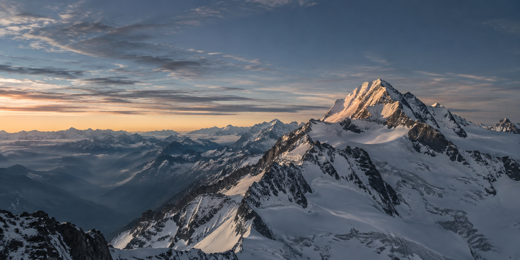 A high, snow-covered summit in the French Alps beneath a dramatic sky